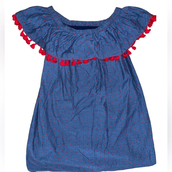 Cooper & Ella Dress Beatriz Blue Denim Pom Pom Off the Shoulder Mini Size Small - Picture 6 of 6